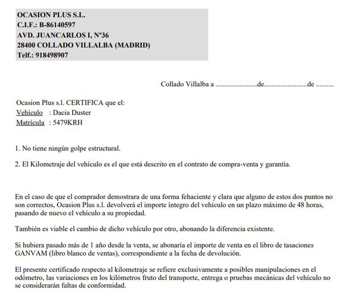 Foto del certificado del Dacia Duster Dacia Duster Essential 1.6 (115 CV) 4X2