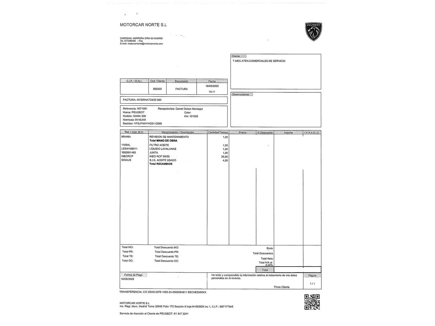 Foto del mantenimiento del Peugeot 308 Peugeot 308 PureTech 130 S&S Style (130 CV)
