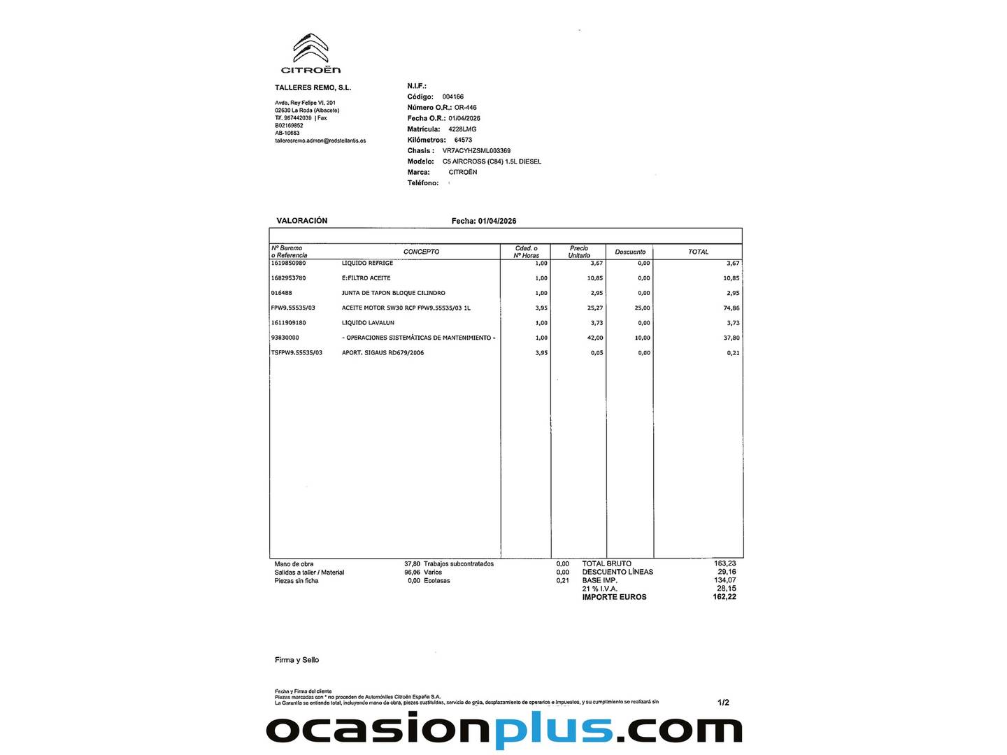 Foto del mantenimiento del Citroën C5 Aircross Citroën C5 Aircross BlueHdi 130 S&S Feel EAT8 (131 CV)