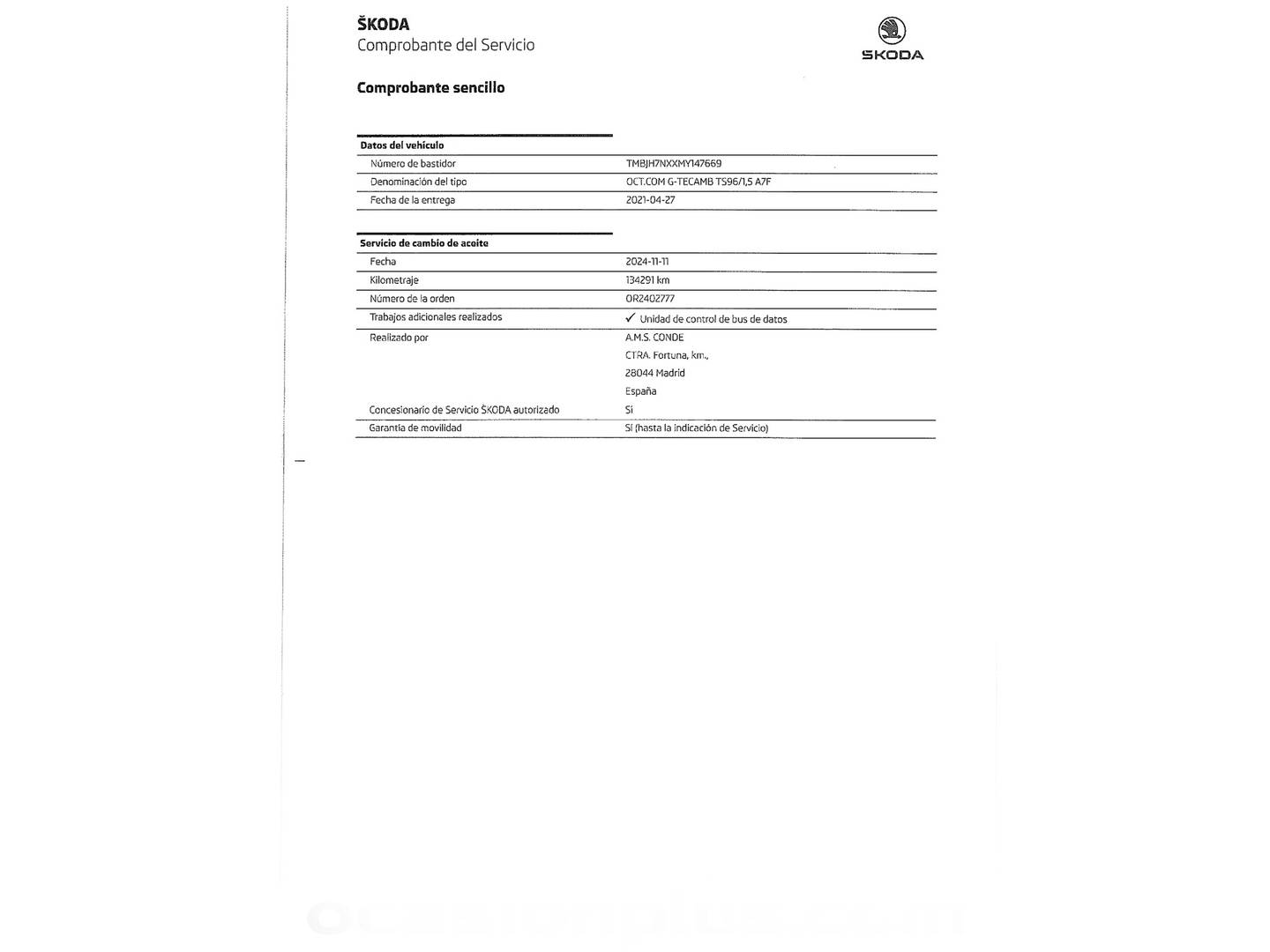 Foto del certificado del Skoda Octavia Skoda Octavia Combi 1.5 TSI G-TEC Ambition DSG (131 CV)
