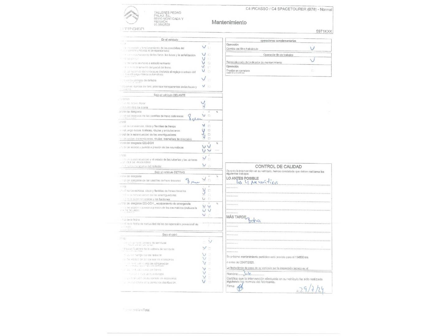 Foto del mantenimiento del Citroën Grand C4 Spacetourer Citroën Grand C4 Spacetourer PureTech 130 S&S Feel (130 CV) 7 Plazas