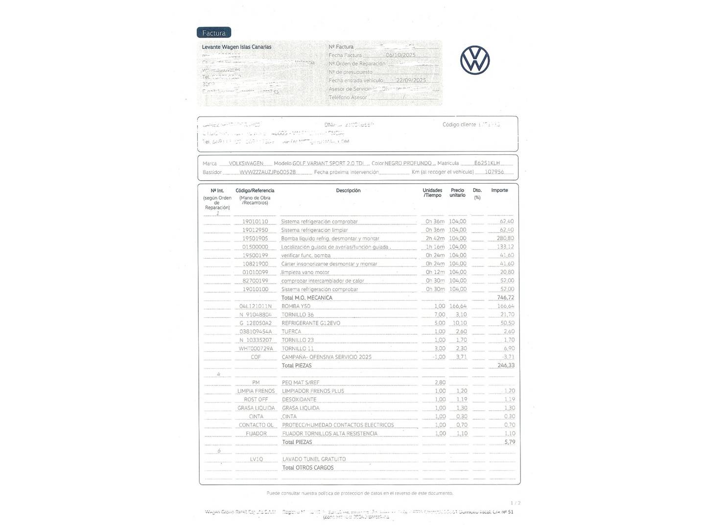 Foto del mantenimiento del Volkswagen Golf Volkswagen Golf Variant Sport 2.0 TDI (150 CV) DSG R-Line