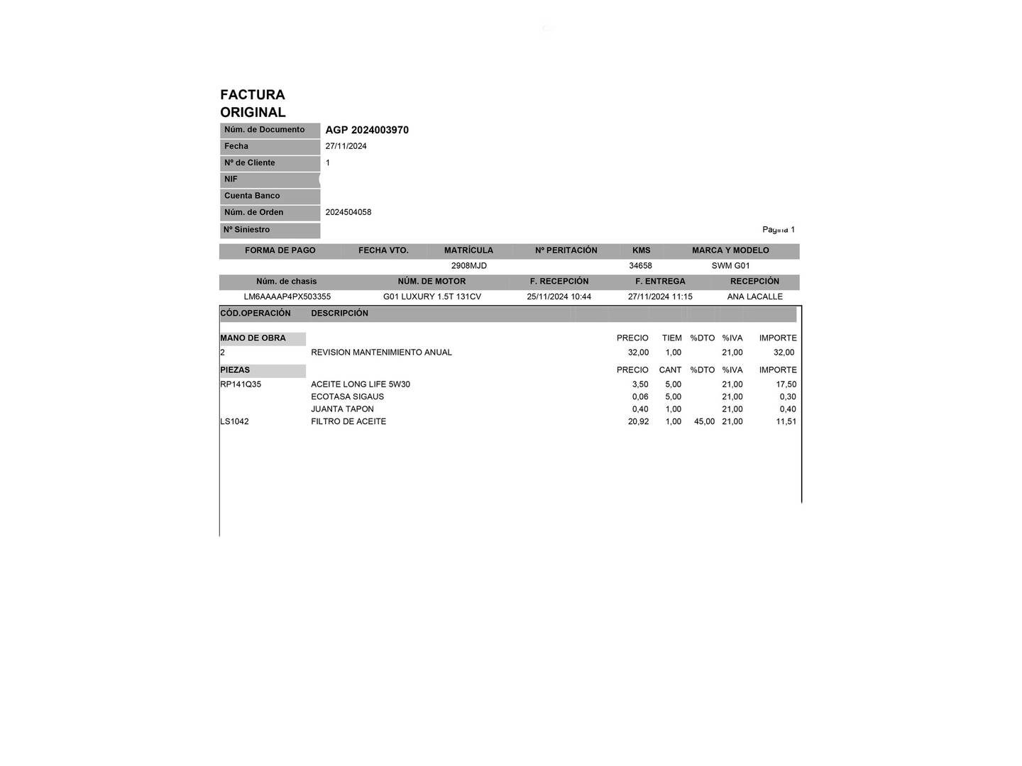 Foto del mantenimiento del SWM G01 SWM G01 1.5T Luxury (131 CV)