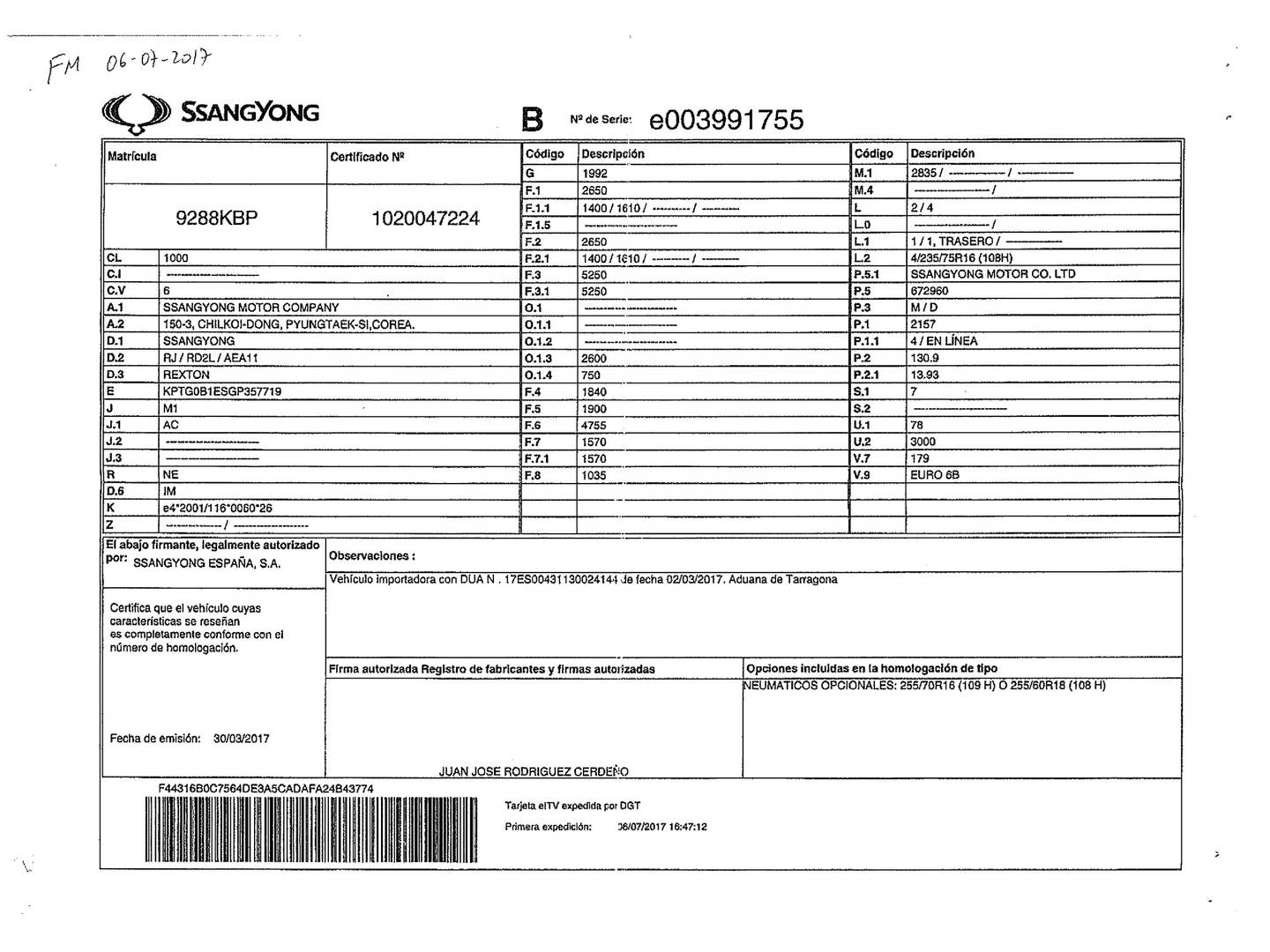 Foto del mantenimiento del SsangYong Rexton SsangYong Rexton D22T Premium 4x2 (178 CV) 7 PLAZAS