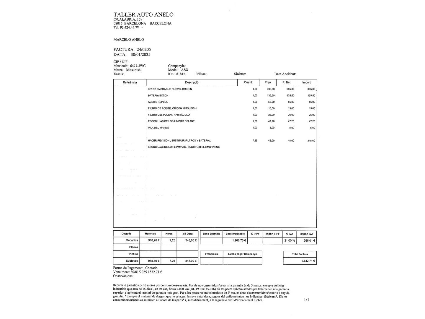 Foto del mantenimiento del Mitsubishi ASX Mitsubishi ASX 160 MPI Motion (117 CV)