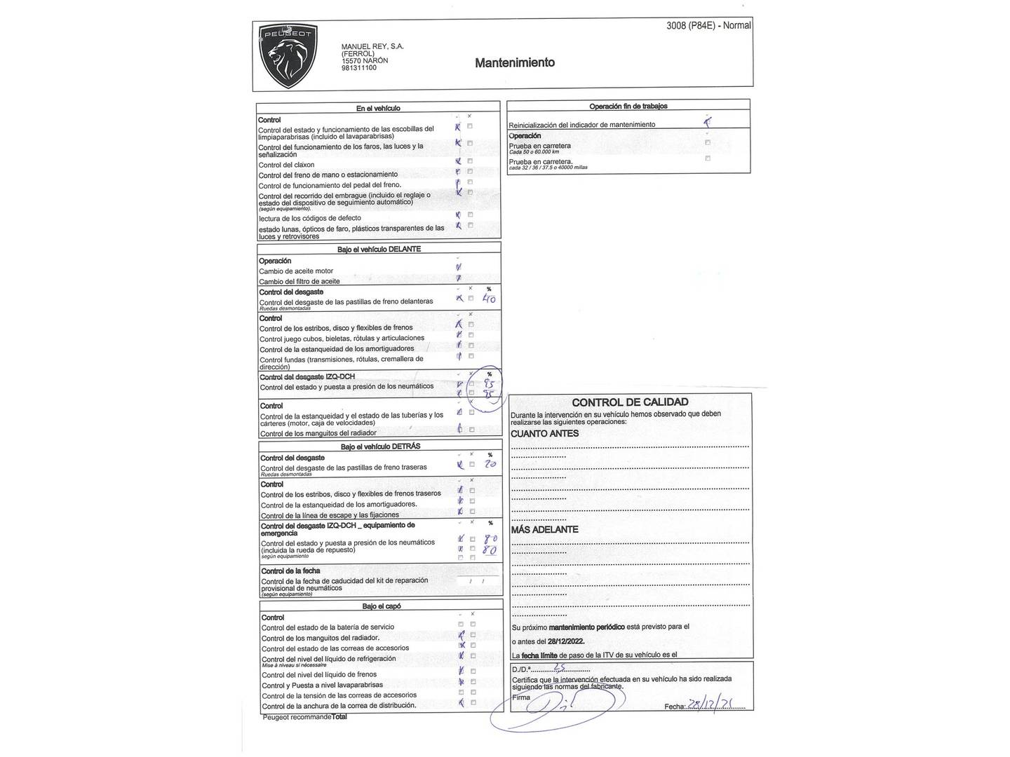 Foto del mantenimiento del Peugeot 3008 Peugeot 3008 PureTech 130 S&S Allure (130 CV)