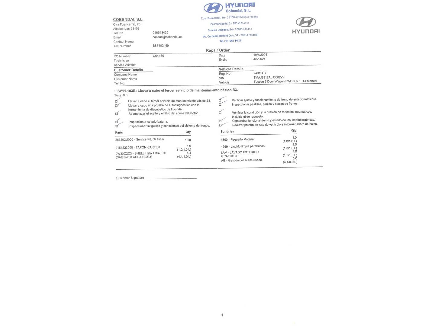 Foto del mantenimiento del Hyundai Tucson Hyundai Tucson 1.6 CRDI 48V SLE 4x2 (116 CV)