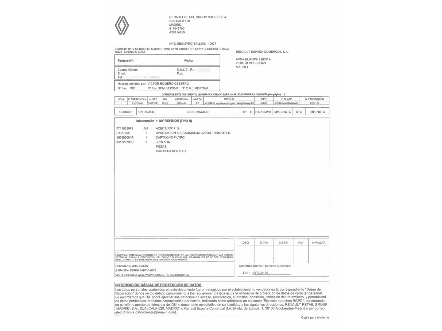 Foto del mantenimiento del Renault Austral Renault Austral Equilibre Mild Hybrid (140 CV)