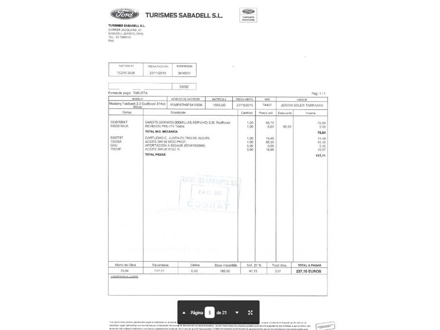 Foto del mantenimiento del Ford Mustang Ford Mustang 2.3 EcoBoost Mustang (Fastback) (314 CV)