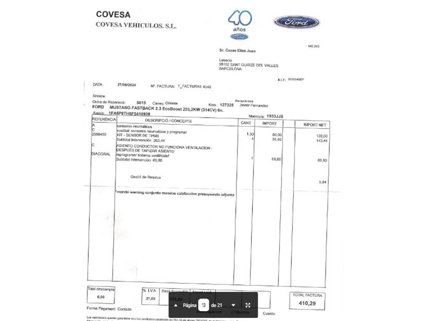 Foto del mantenimiento del Ford Mustang Ford Mustang 2.3 EcoBoost Mustang (Fastback) (314 CV)