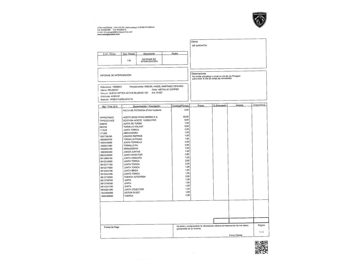 Foto del mantenimiento del Peugeot Rifter Peugeot Rifter BlueHDi 130 S&S Active Long EAT8 (130 CV)