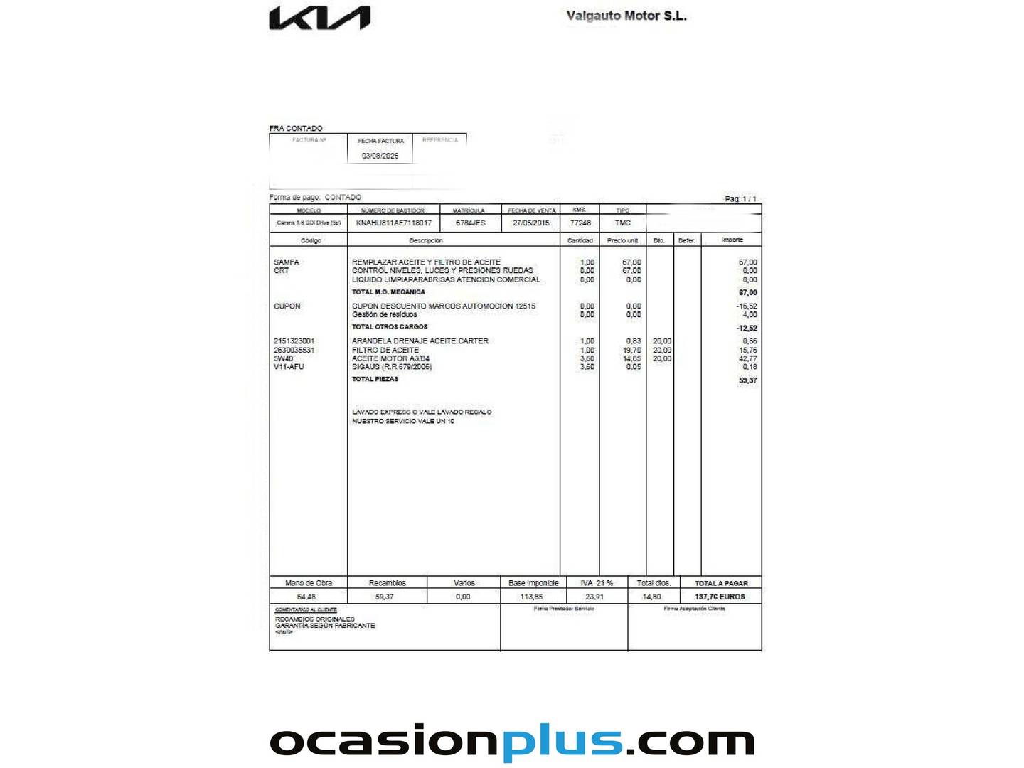 Foto del mantenimiento del KIA Carens KIA Carens 1.6 GDi Drive (135 CV)