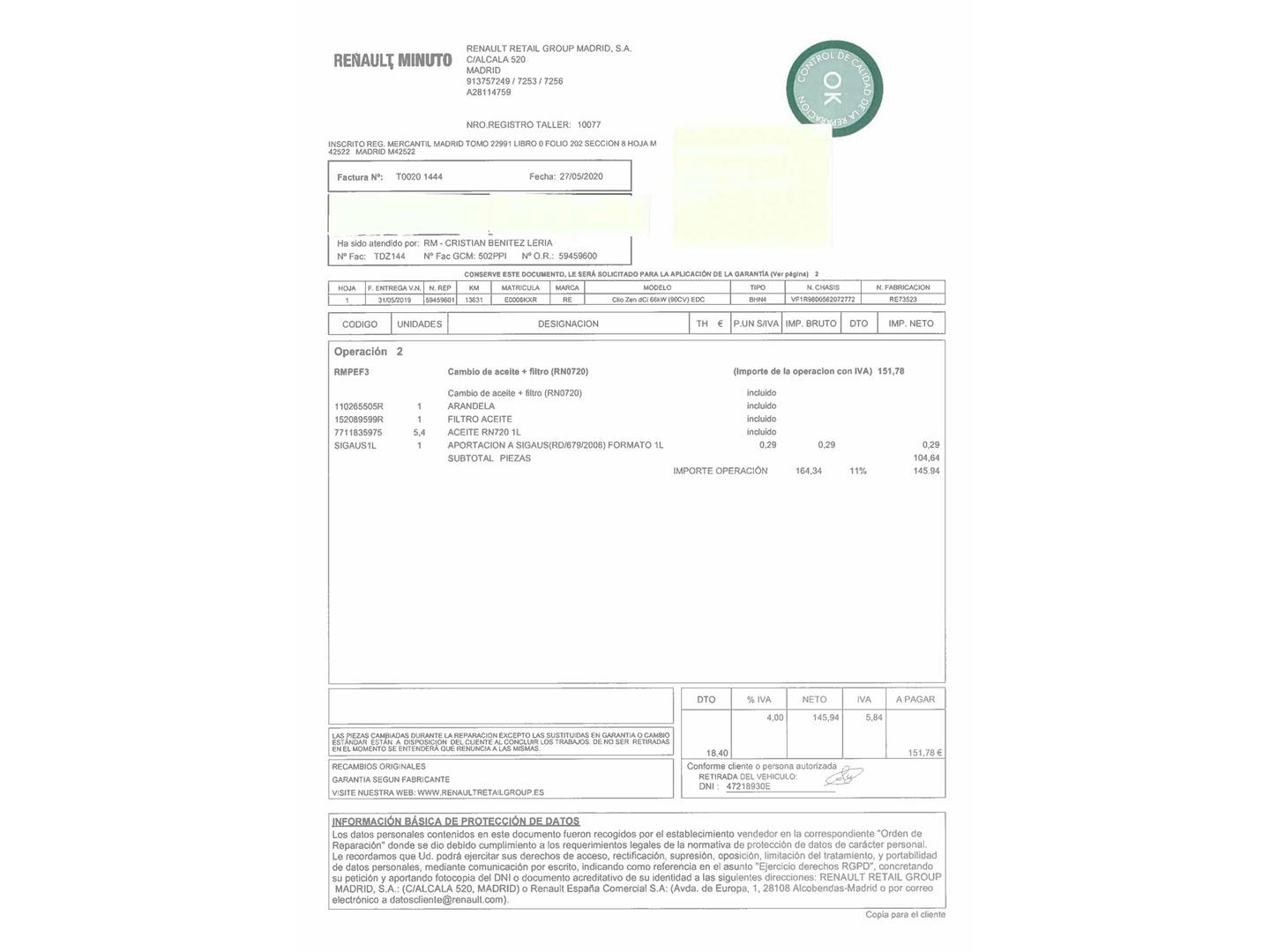 Foto del mantenimiento del Renault Clio Renault Clio Zen dCi (90 CV) EDC