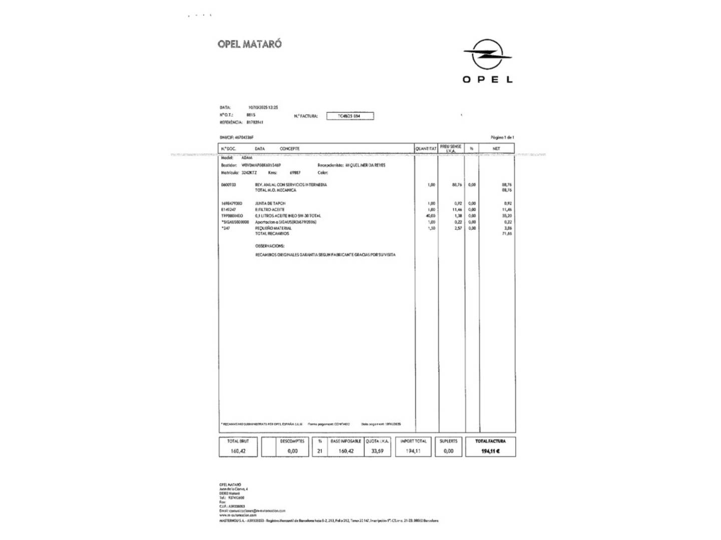 Foto del mantenimiento del Opel Adam Opel Adam 1.4 XEL Glam (87 CV)