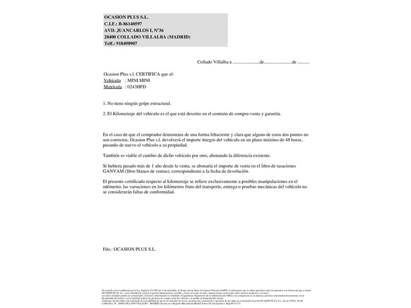 Foto del certificado del Mini MINI Mini MINI Cooper Cabrio Cooper S Auto (184 CV)