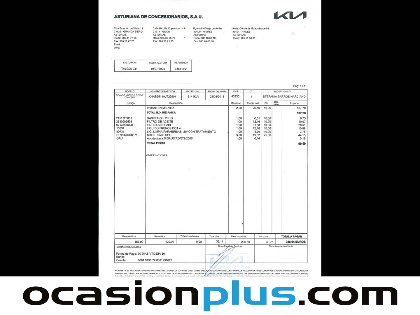 Foto del mantenimiento del KIA Picanto KIA Picanto 1.0 CVVT Concept (67 CV)