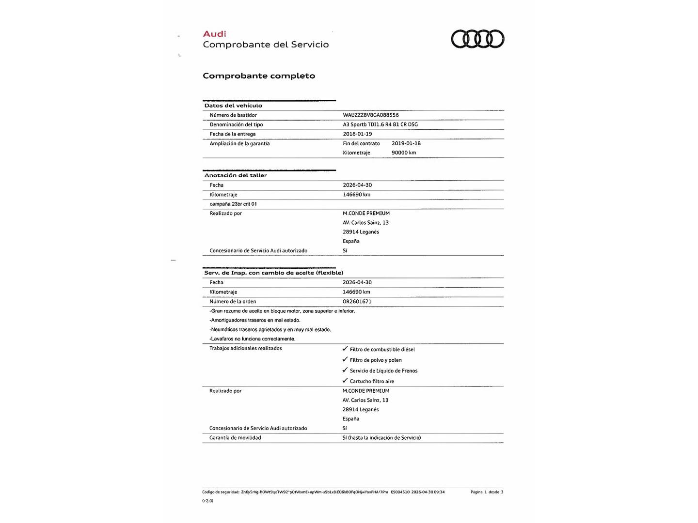Foto del mantenimiento del Audi A3 Audi A3 Sportback Attraction 1.6 TDI clean diesel (110 CV) S tronic