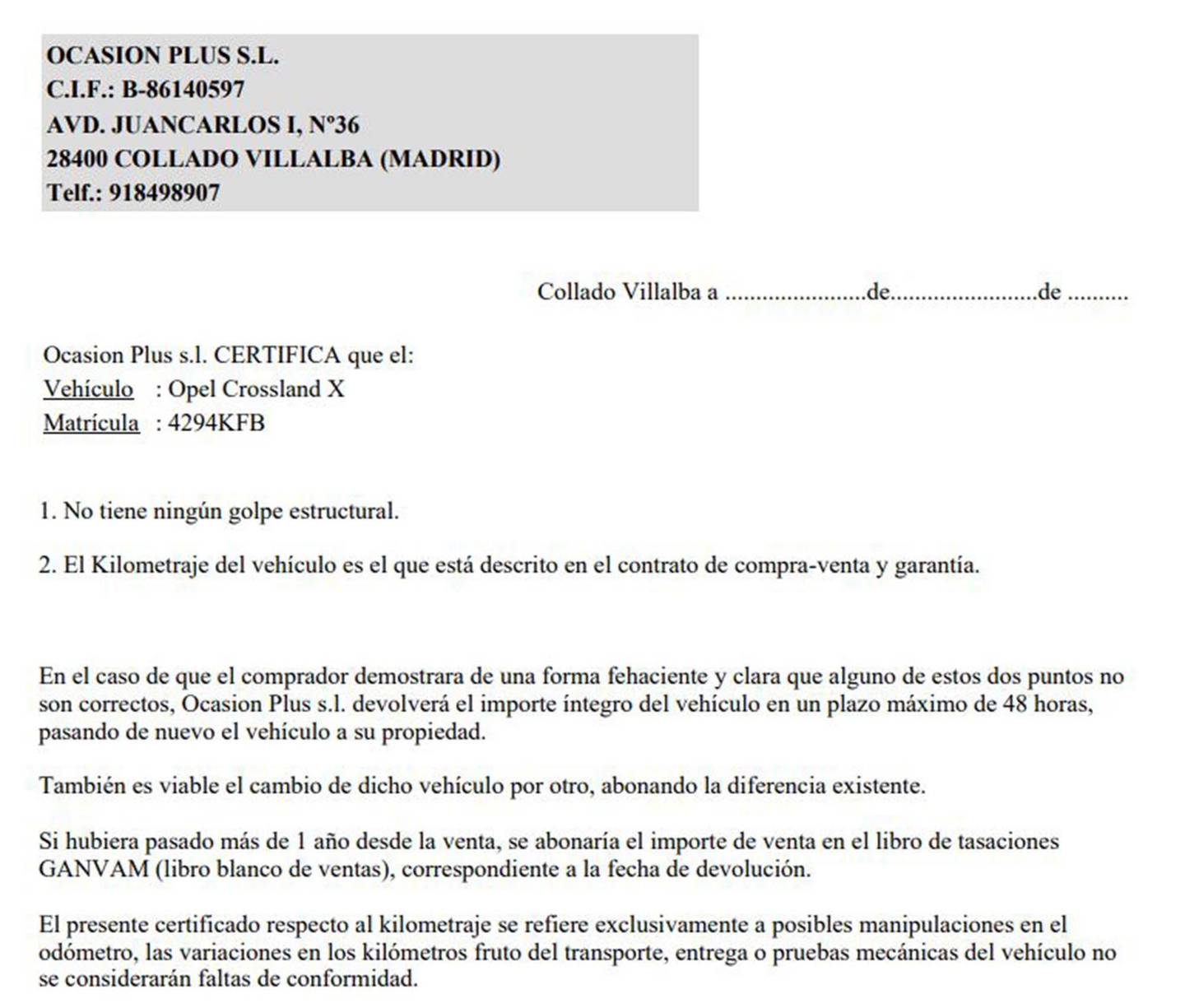 Foto del certificado del Opel Crossland X Opel Crossland X 1.2 Turbo S&S ecoTEC Excellence (110 CV)