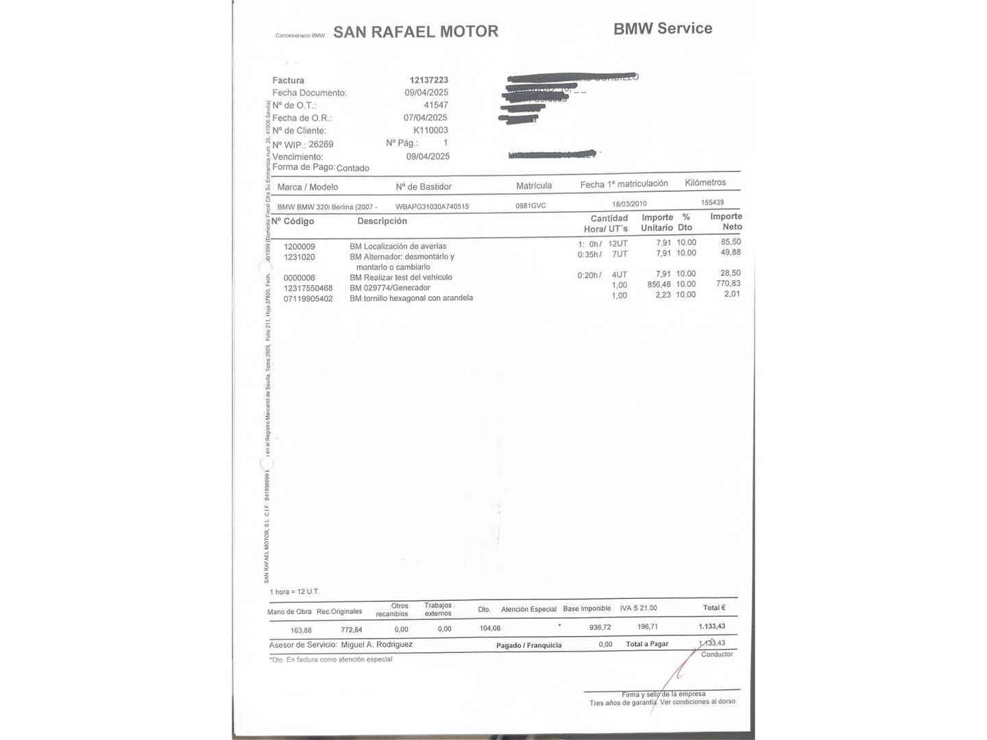 Foto del mantenimiento del BMW Serie 3 BMW Serie 3 320i (170 CV)