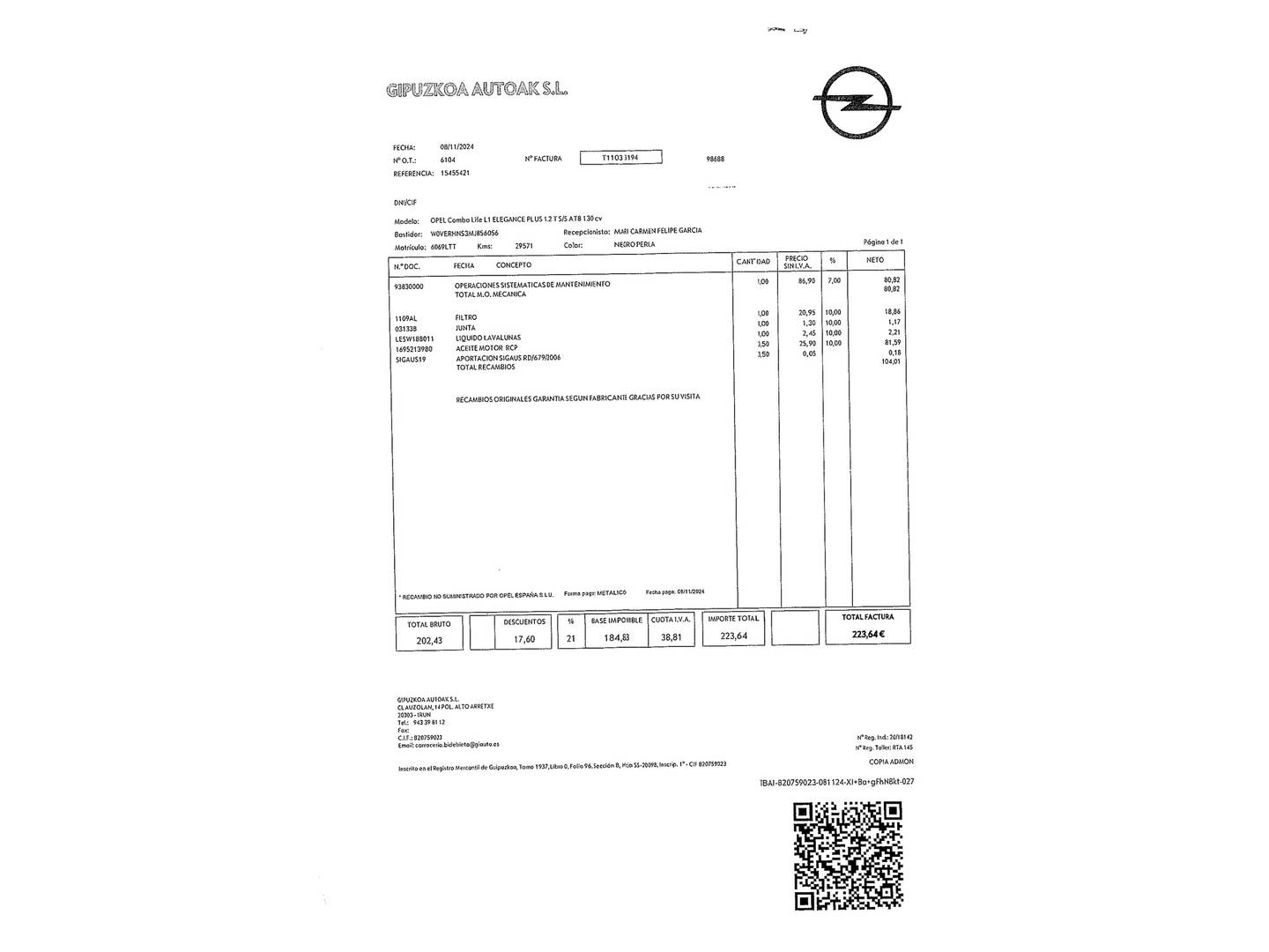 Foto del mantenimiento del Opel Combo Life Opel Combo Life 1.2 T Elegance Plus L Auto (130 CV)