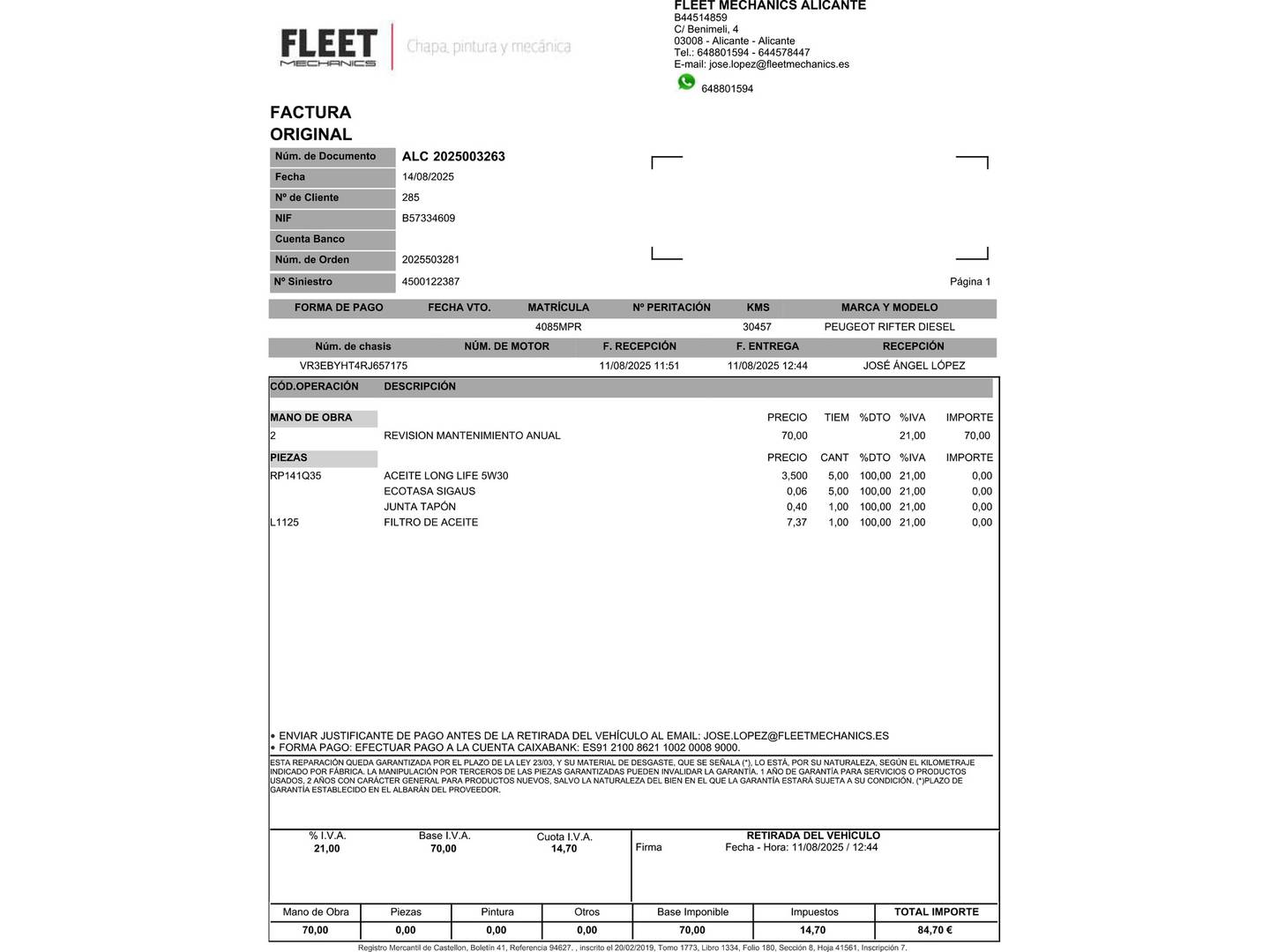Foto del mantenimiento del Peugeot Rifter Peugeot Rifter BlueHDi 100 Allure (100 CV)