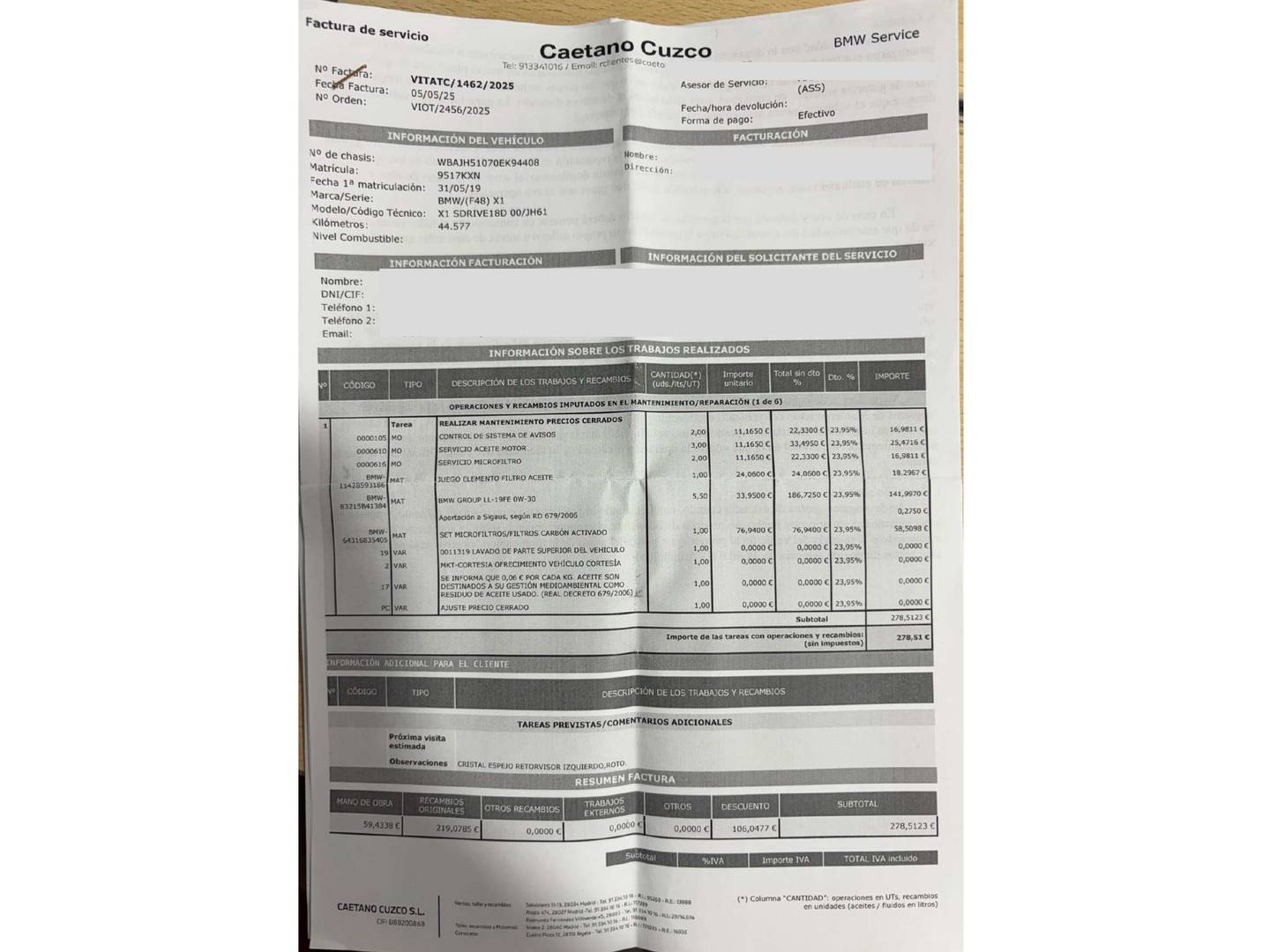 Foto del mantenimiento del BMW X1 BMW X1 sDrive18d (150 CV)