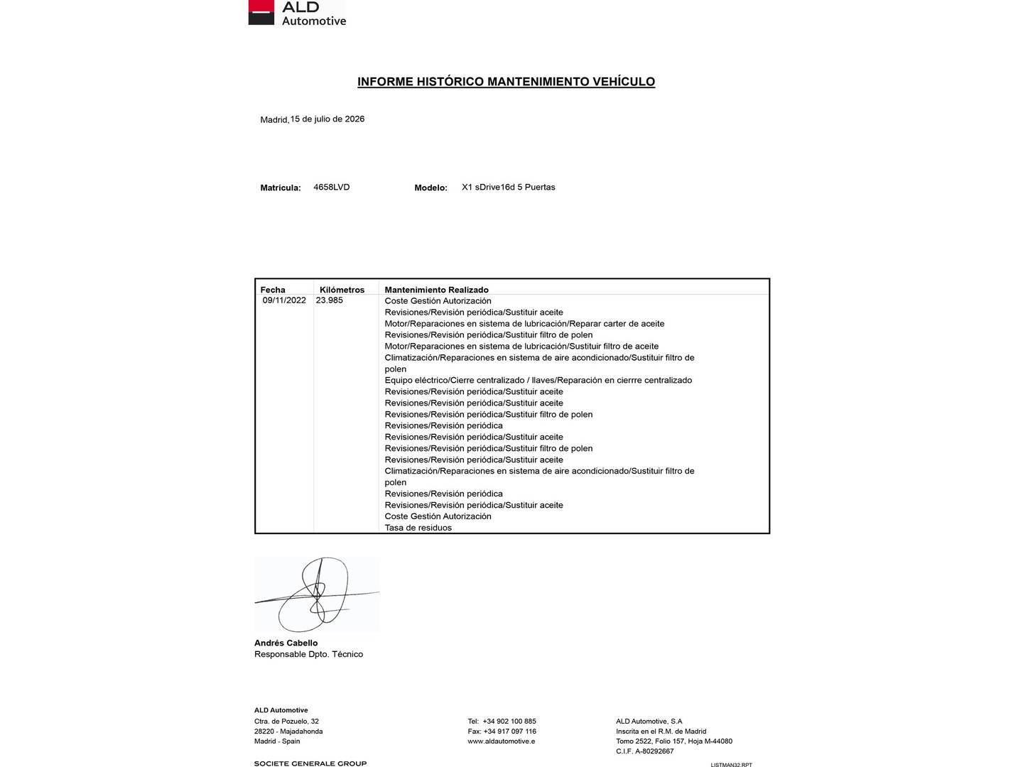 Foto del mantenimiento del BMW X1 BMW X1 sDrive16d (116 CV)