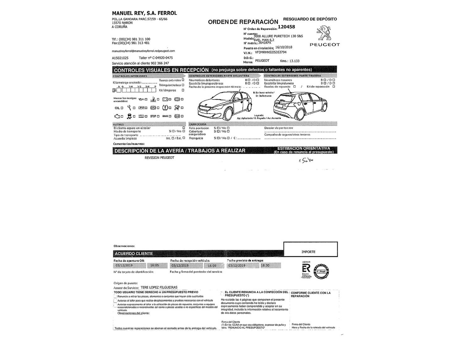 Foto del mantenimiento del Peugeot 3008 Peugeot 3008 PureTech 130 S&S Allure (130 CV)