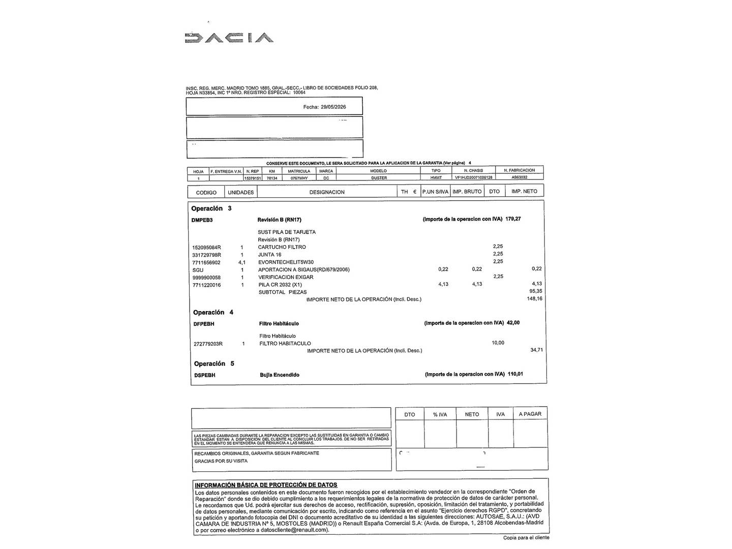 Foto del mantenimiento del Dacia Duster Dacia Duster Journey Go TCE ECO-G 4X2 (100 CV)