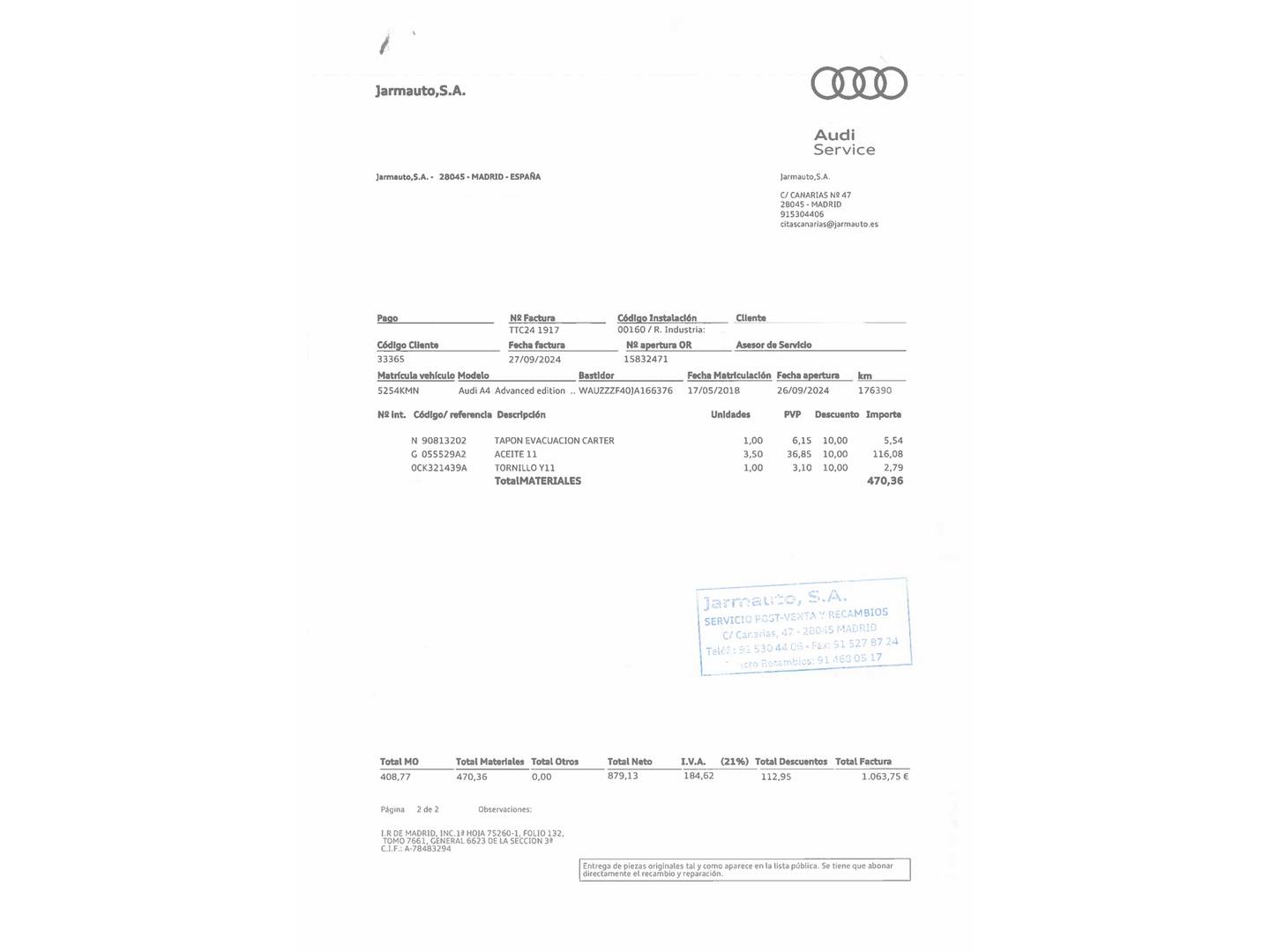 Foto del mantenimiento del Audi A4 Audi A4 Advanced edition 2.0 TDI (150 CV) S tronic