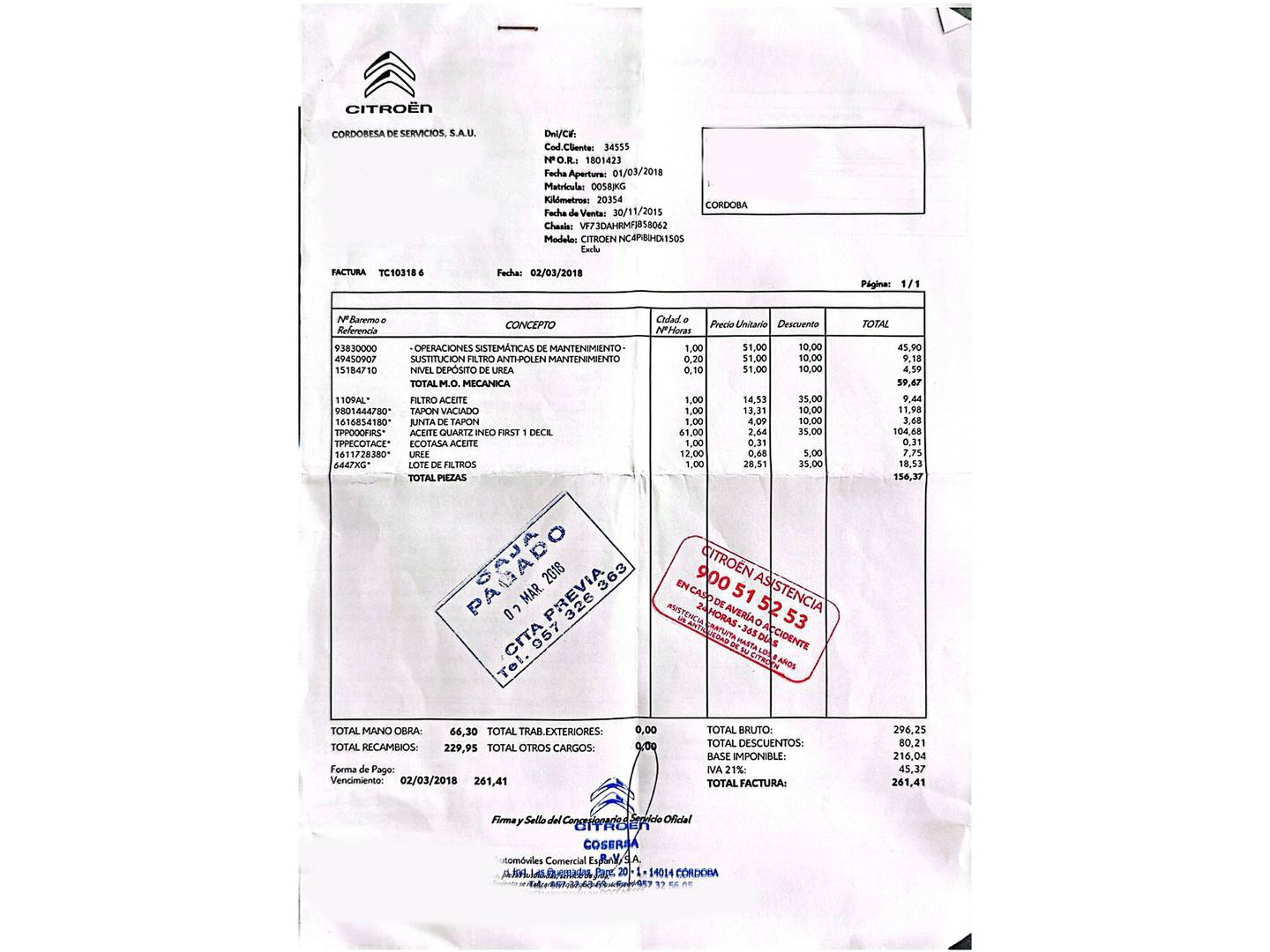 Foto del mantenimiento del Citroën C4 Picasso Citroën C4 Picasso BlueHDi 150 Exclusive (150 CV)