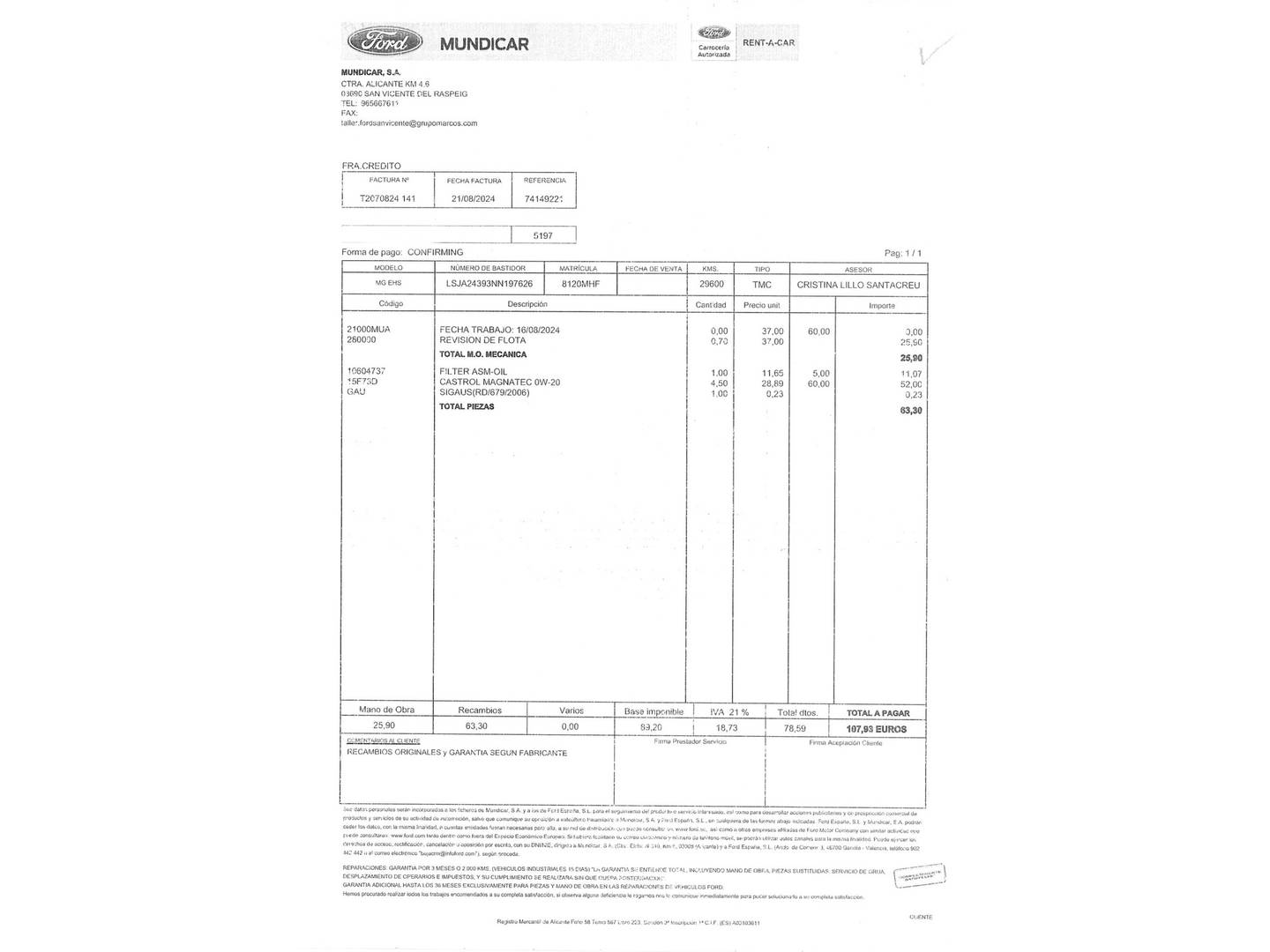 Foto del mantenimiento del MG eHS MG eHS 1.5 T-GDI PHEV Luxury (258 CV)