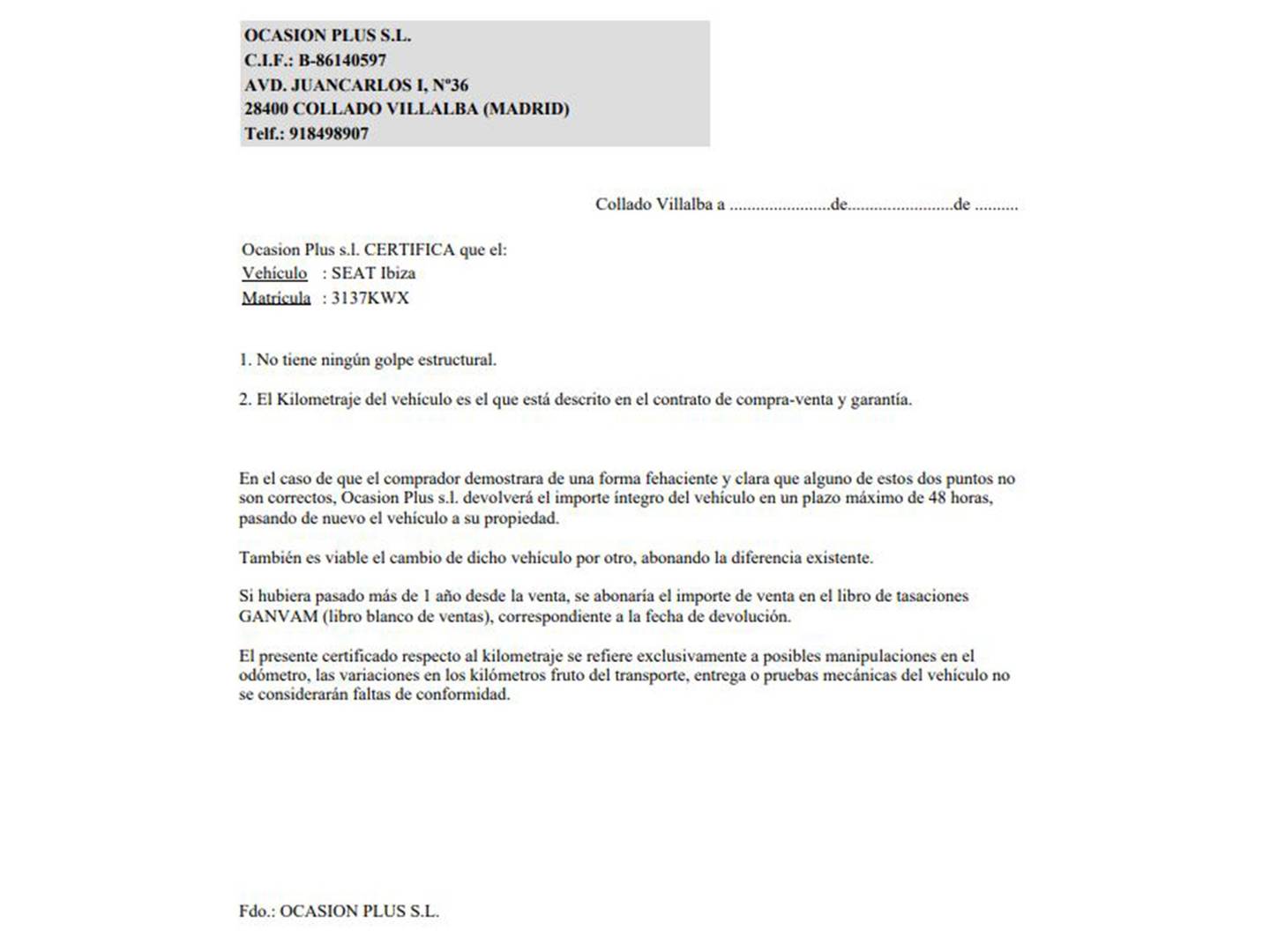 Foto del certificado del Seat Ibiza Seat Ibiza 1.0 MPI Style Plus (80 CV)