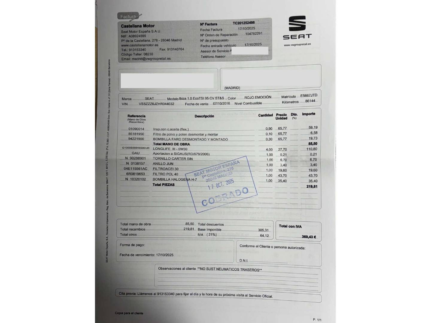 Foto del mantenimiento del Seat Ibiza Seat Ibiza 1.0 EcoTSI Style Connect Blue (95 CV)