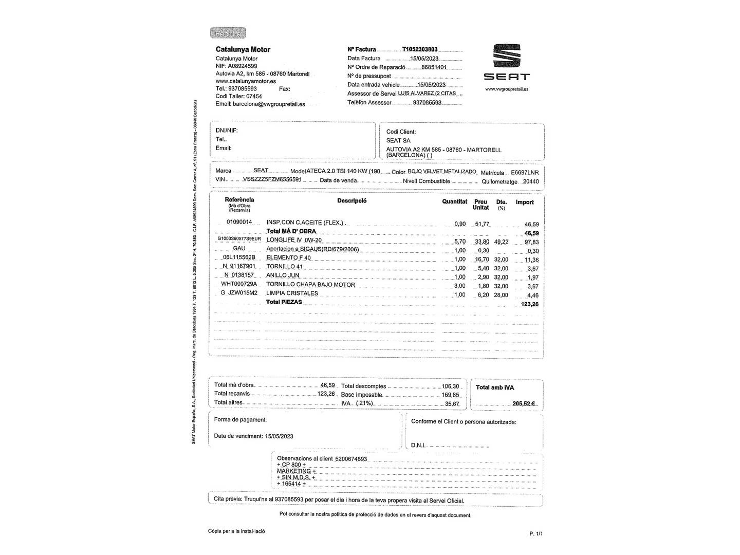 Foto del mantenimiento del Seat Ateca Seat Ateca 2.0 TSI S&S FR Go 4Drive DSG (190 CV)