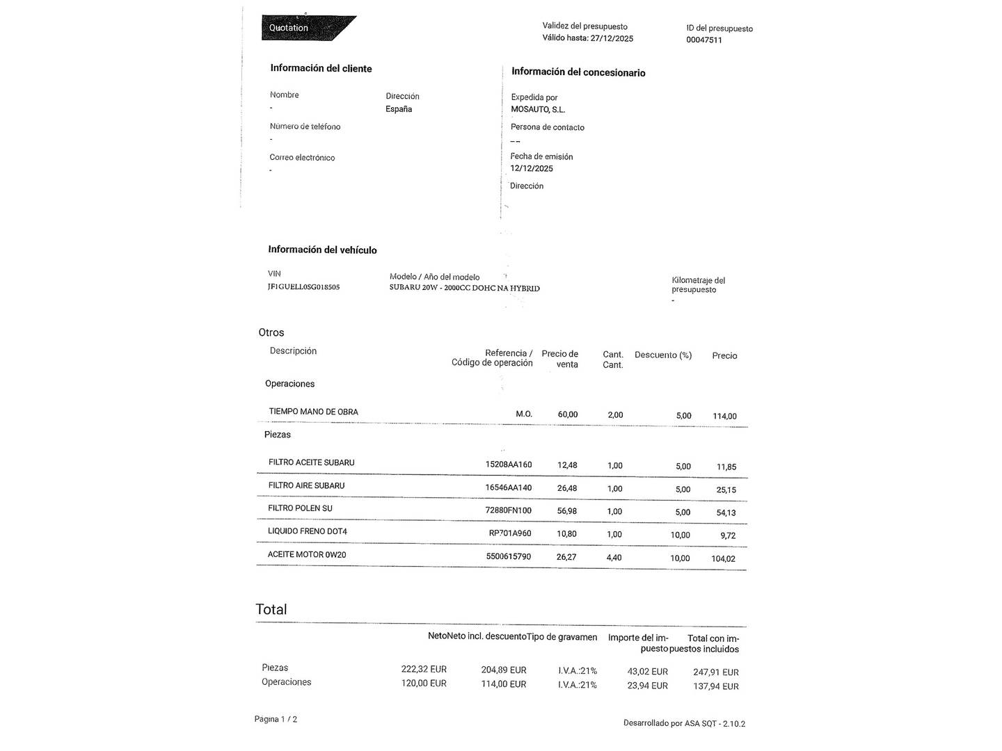 Foto del mantenimiento del Subaru crosstrek Subaru Crosstrek 2.0i Hybrid Field CVT (136 CV)