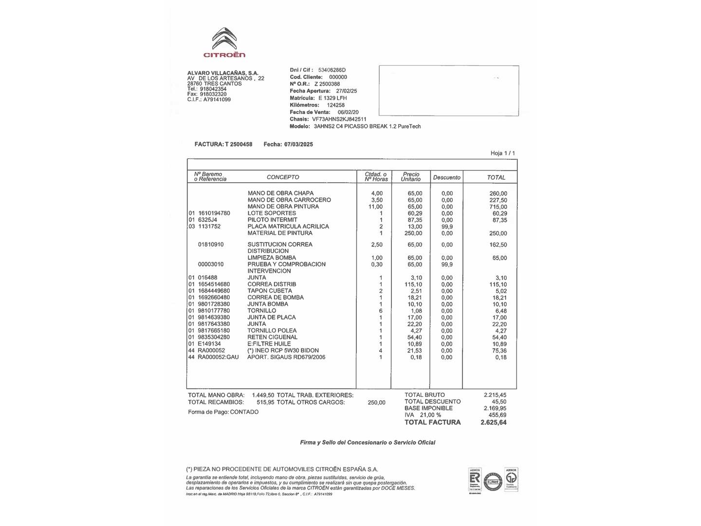 Foto del mantenimiento del Citroën Grand C4 Spacetourer Citroën Grand C4 Spacetourer PureTech 130 S&S Feel (130 CV) 7 Plazas