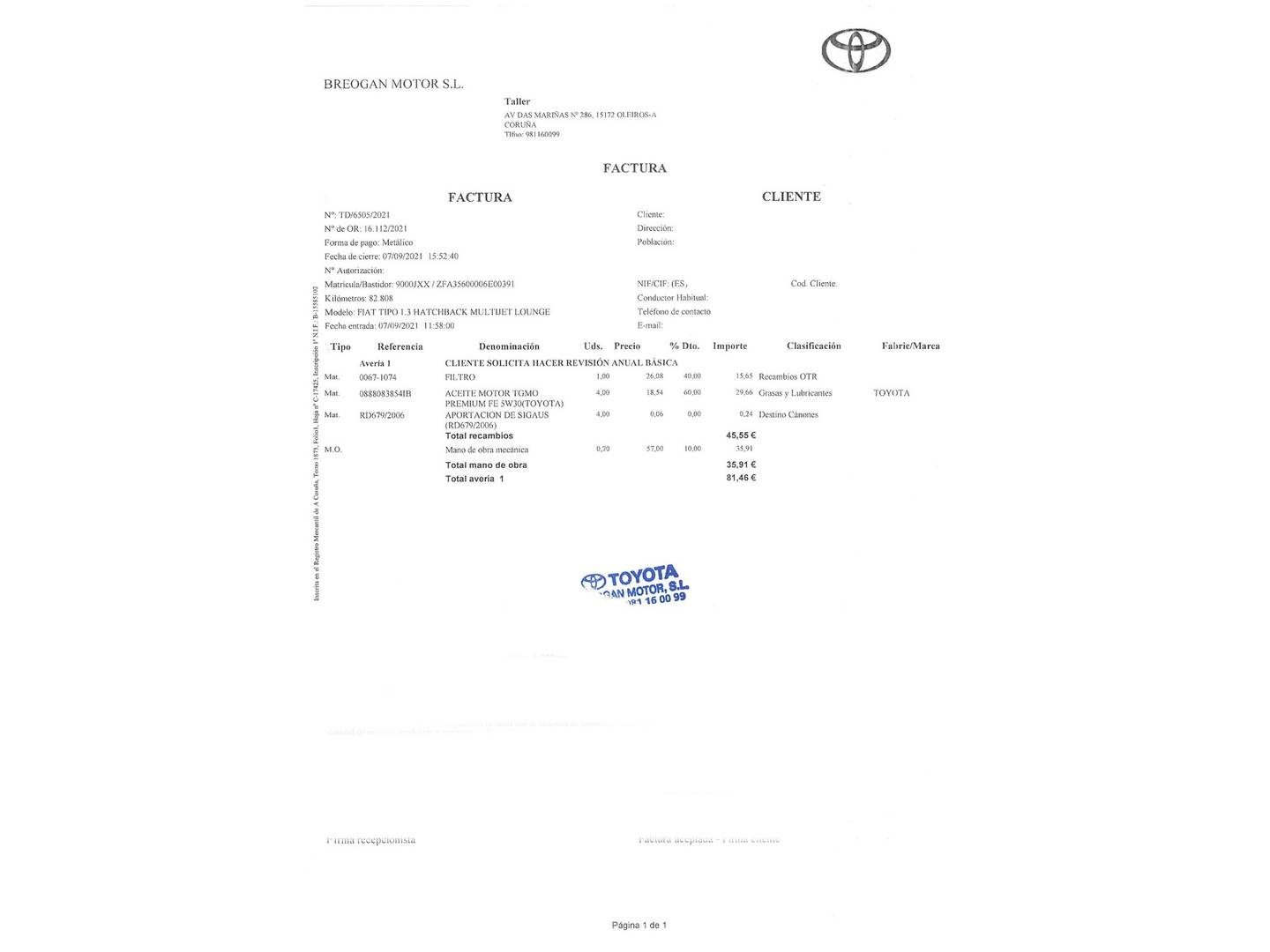 Foto del mantenimiento del Fiat Tipo Fiat Tipo 1.3 Multijet Lounge (95 CV)