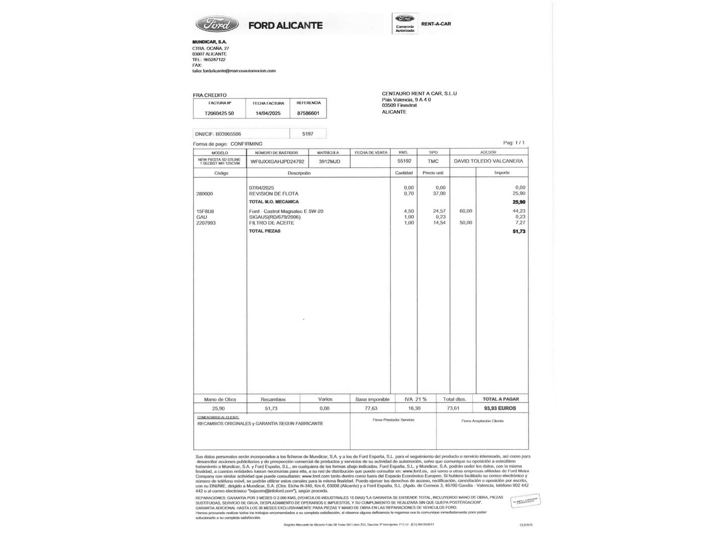 Foto del mantenimiento del Ford Fiesta Ford Fiesta 1.0 EcoBoost MHEV ST-Line (125 CV)