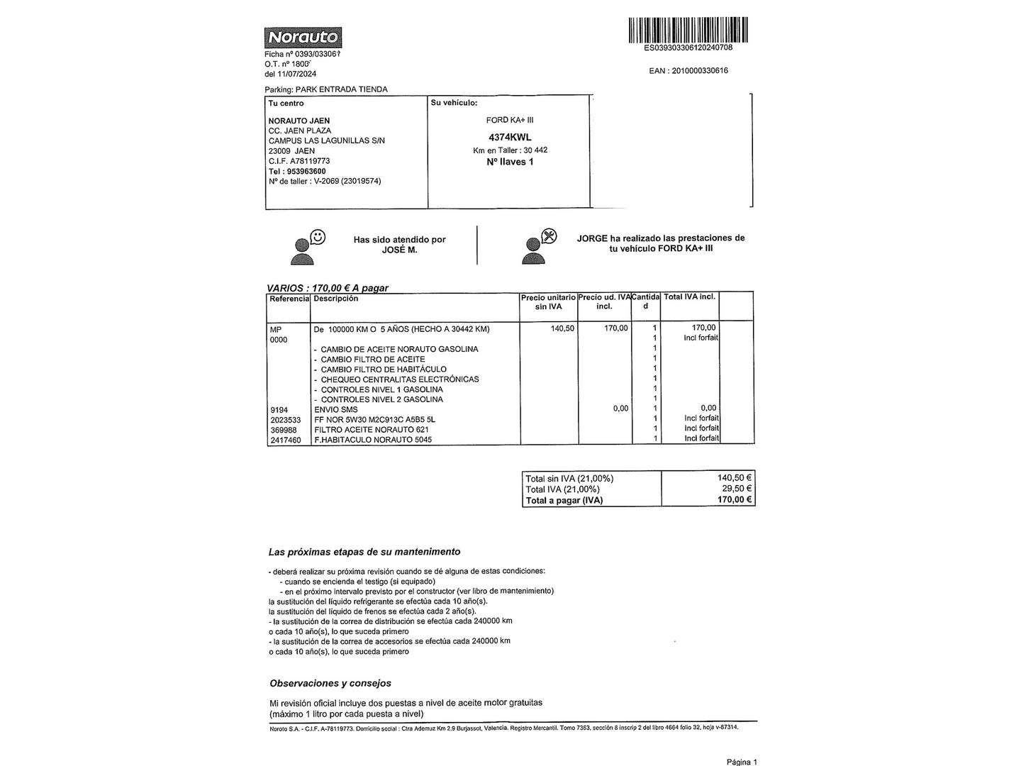Foto del mantenimiento del Ford Ka+ Ford Ka+ 1.2 Ti-VCT Active (85 CV)