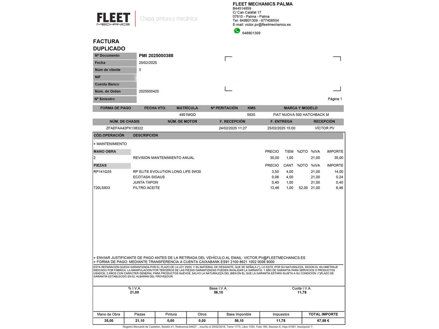 Foto del mantenimiento del Fiat 500 Electrico Fiat 500 Electrico Monotrim 320km (118 CV)