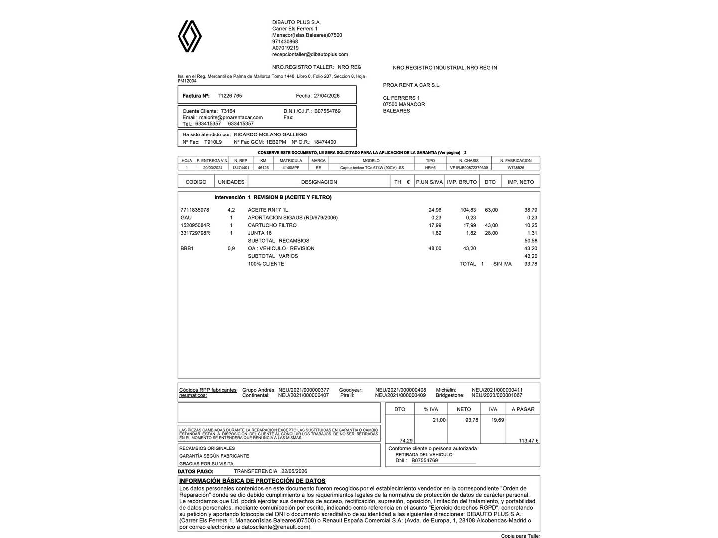 Foto del mantenimiento del Renault Captur Renault Captur Techno TCe (90 CV)