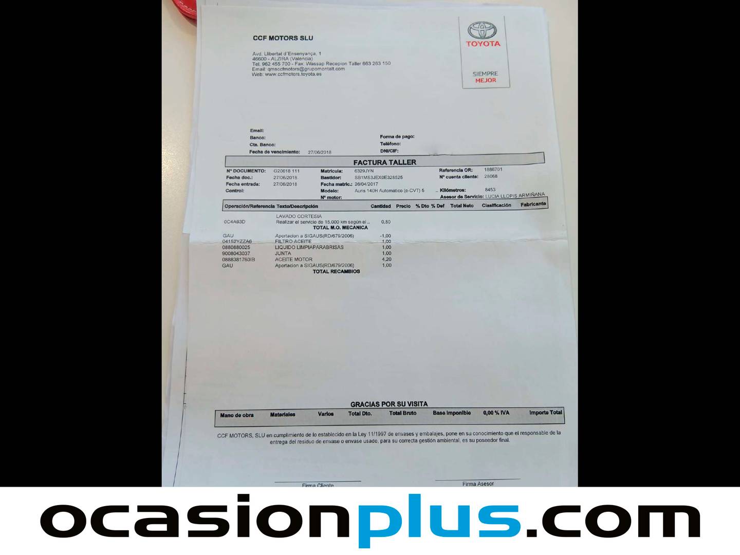 Foto del mantenimiento del Toyota Auris Toyota Auris 1.8 Hybrid Active (136 CV)