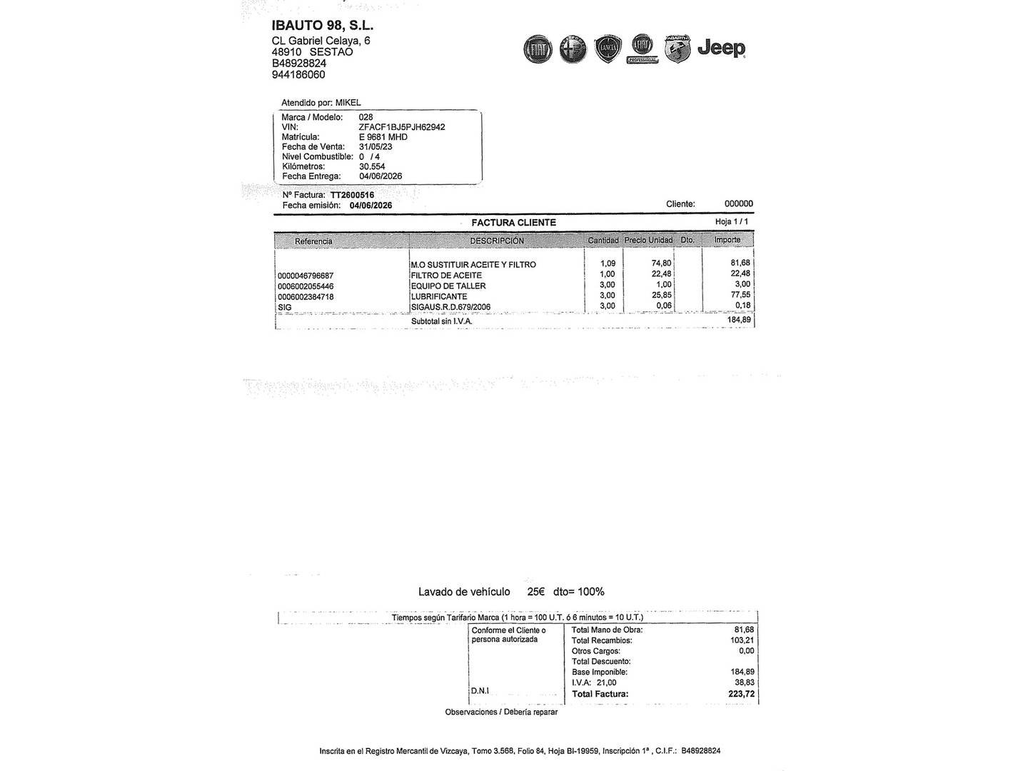 Foto del mantenimiento del Fiat 500 Fiat 500 1.0 Hybrid Club (70 CV)