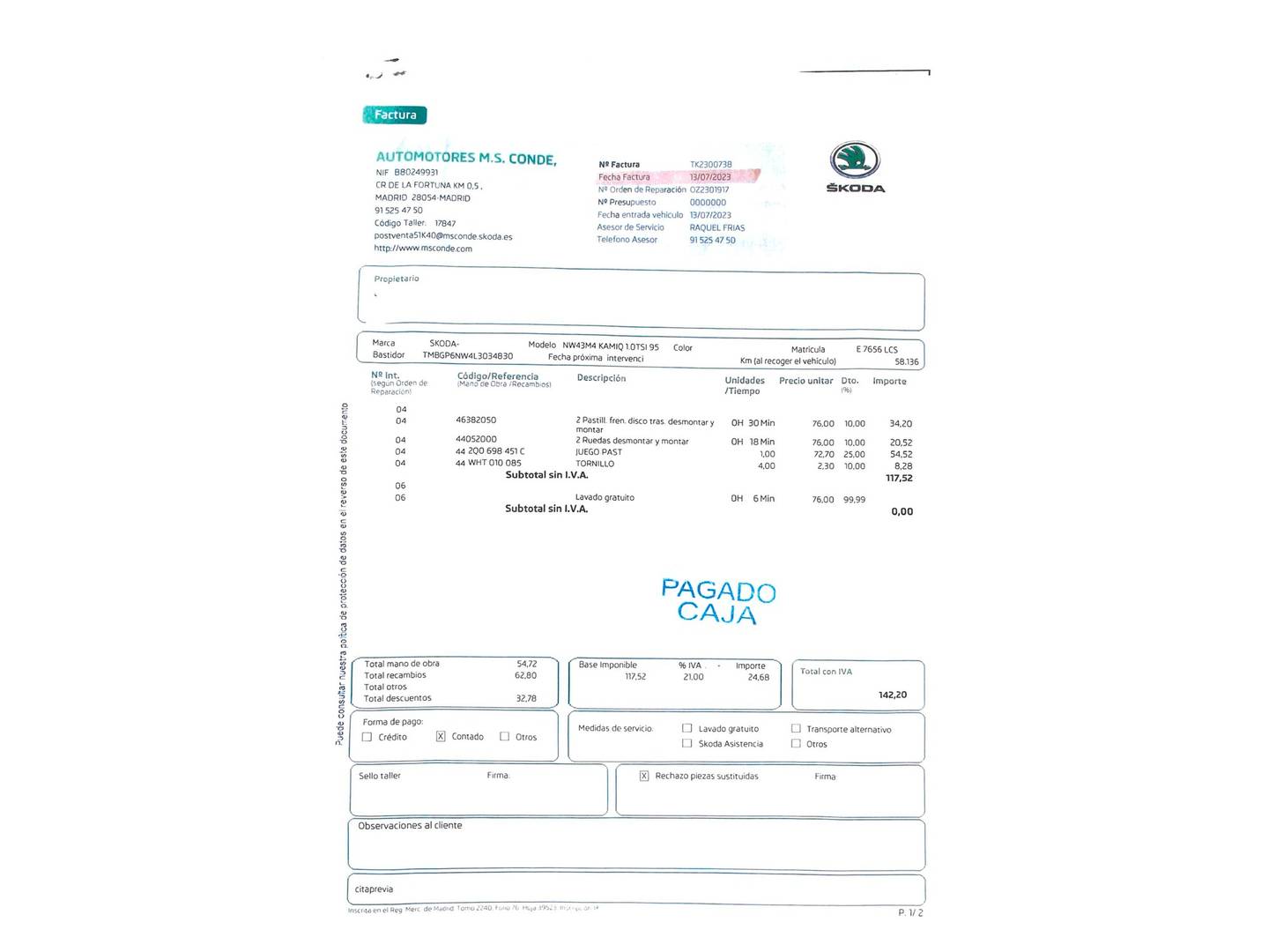 Foto del mantenimiento del Skoda Kamiq Skoda Kamiq 1.0 TSI Ambition (95 CV)