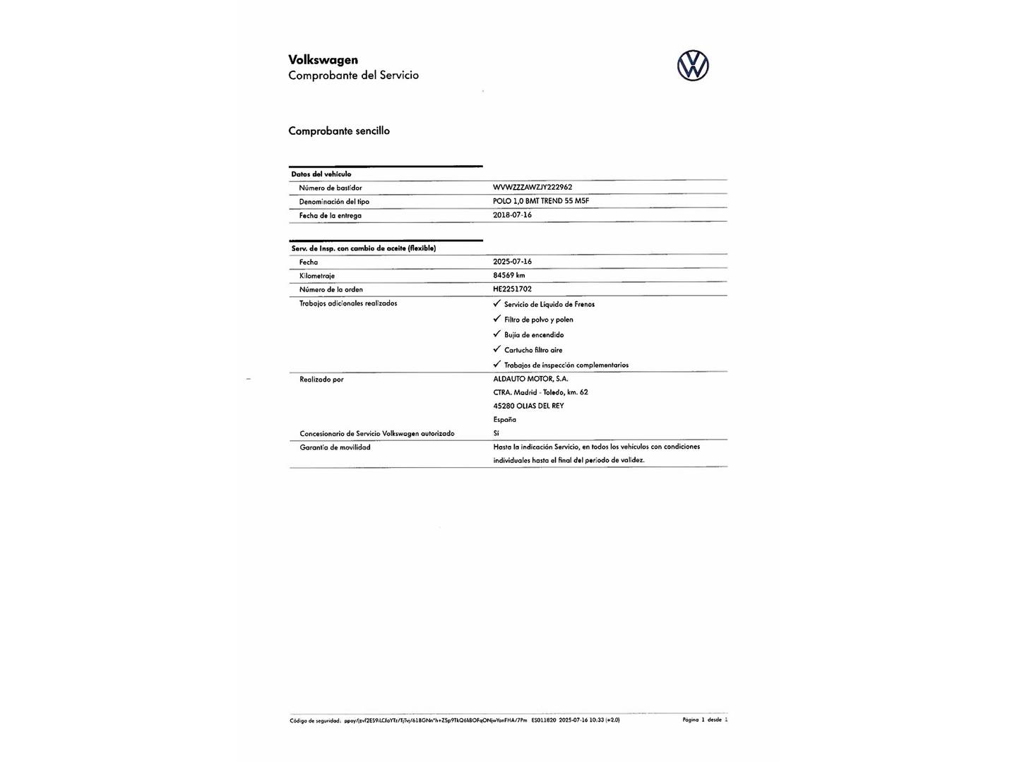 Foto del mantenimiento del Volkswagen Polo Volkswagen Polo Edition 1.0 (75 CV)