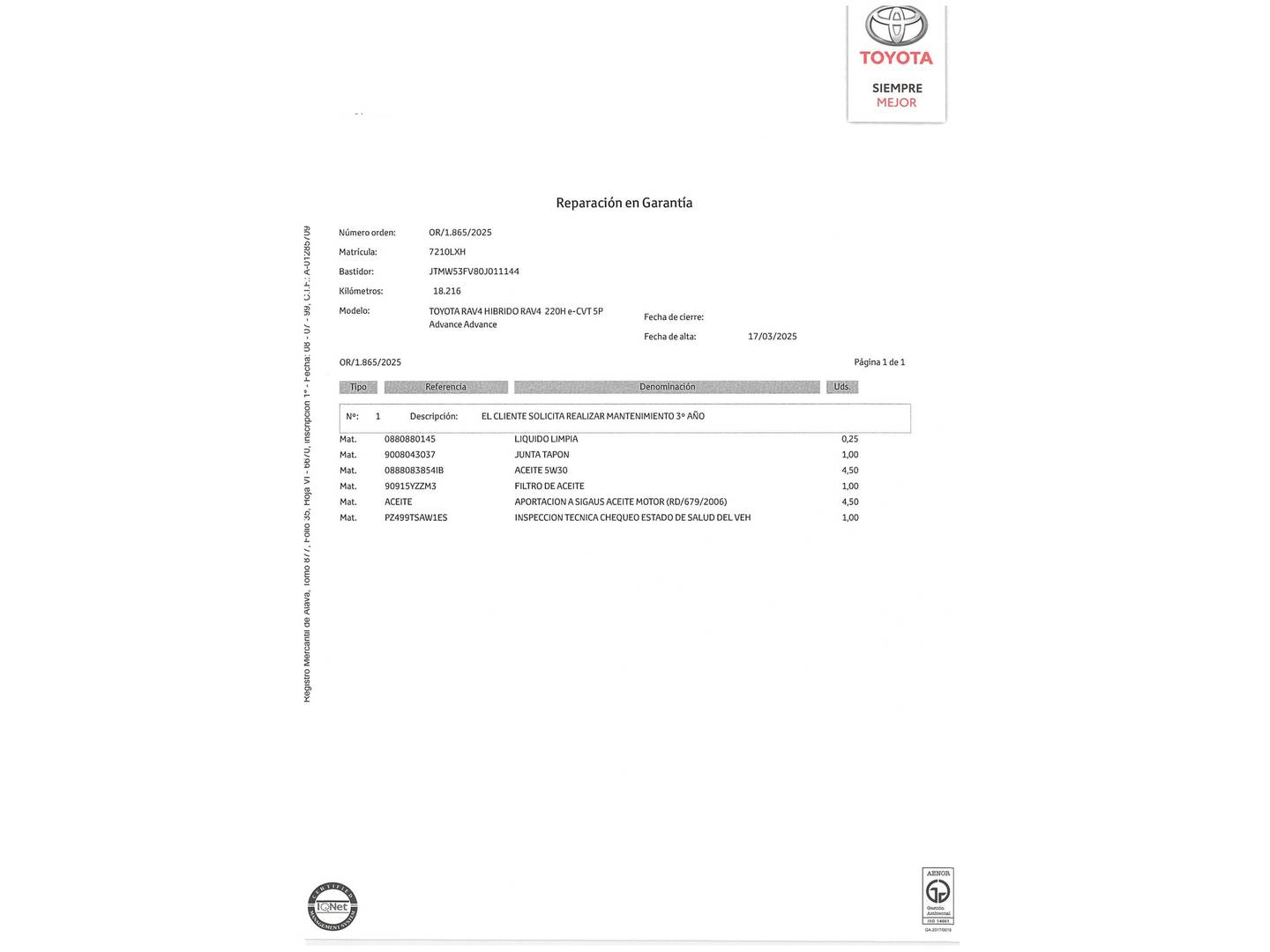 Foto del mantenimiento del Toyota Rav4 Toyota Rav4 2.5l hybrid Advance (218 CV)