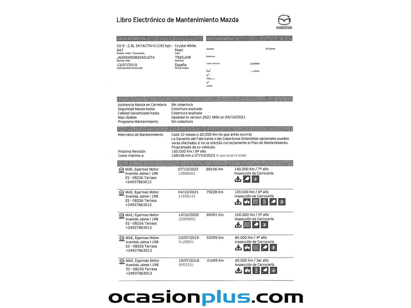 Foto del mantenimiento del Mazda CX-5 Mazda CX-5 2.5 Luxury + Premium + Travel + SunRoof Auto (192 CV)