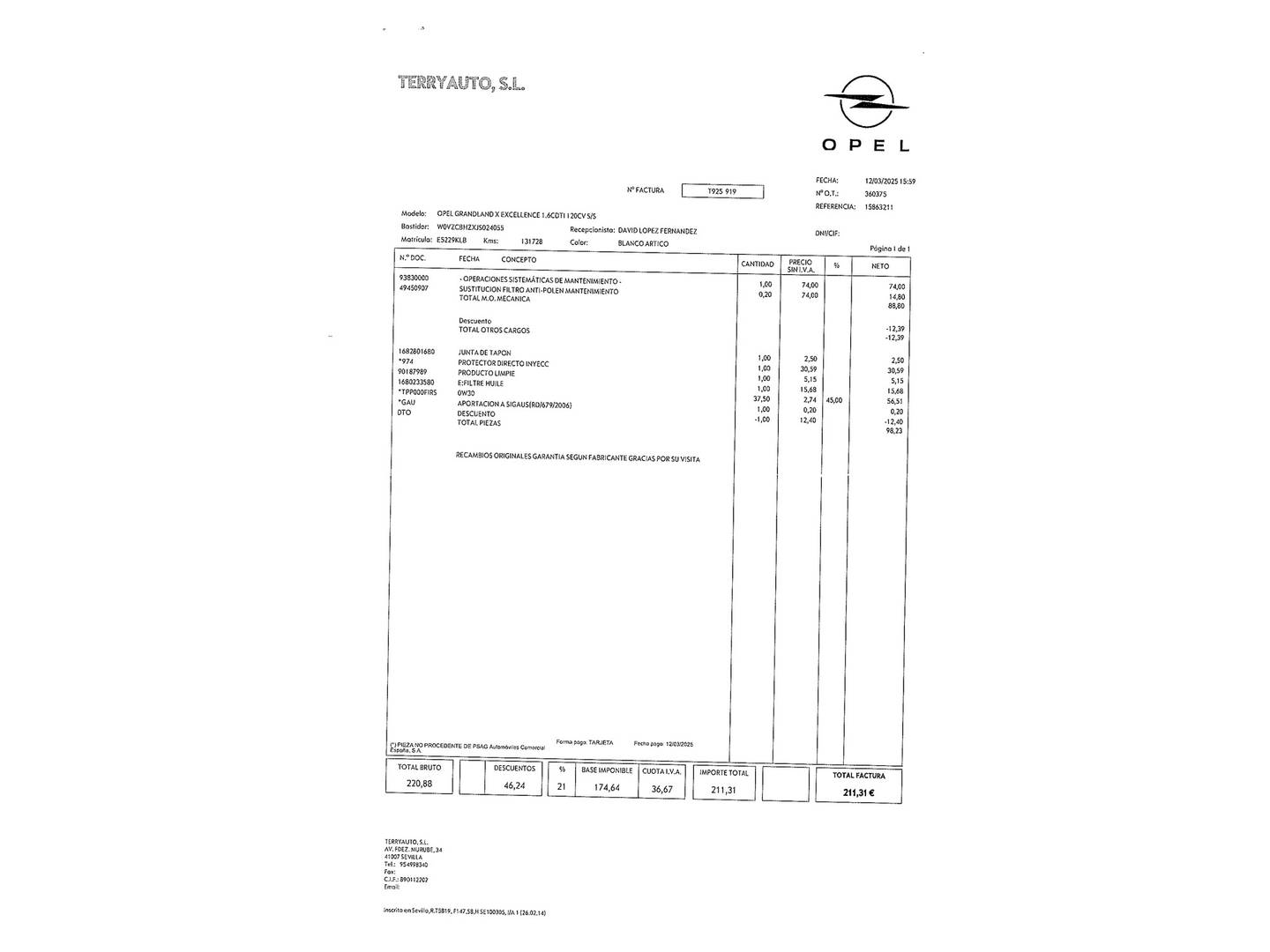 Foto del mantenimiento del Opel Grandland X Opel Grandland X 1.6 CDTi Excellence (120 CV)