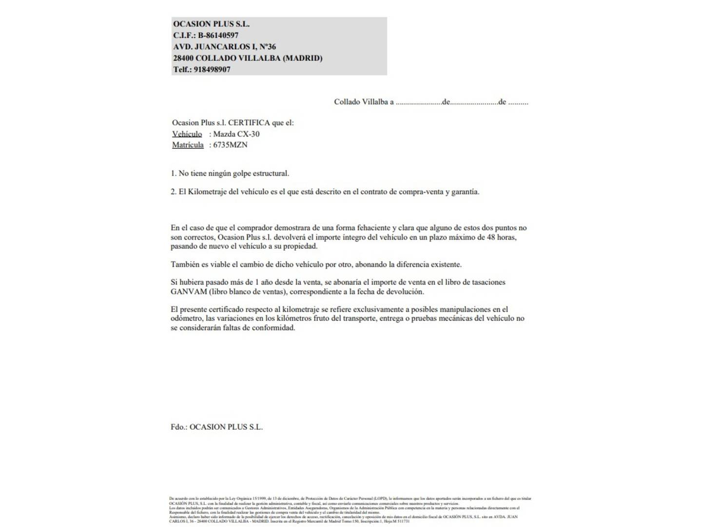 Foto del certificado del Mazda CX-30 Mazda CX-30 2.5 e-Skyactive G MHEV Prime-Line (140 CV)